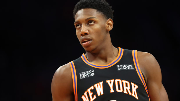 Mar 4, 2022; Phoenix, Arizona, USA; New York Knicks guard RJ Barrett (9) against the Phoenix Suns at Footprint Center. Mandatory Credit: Mark J. Rebilas-USA TODAY Sports